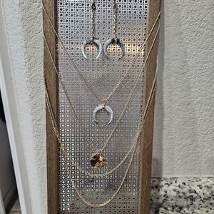 Gold and Silver Crescent Necklace and Earring Set